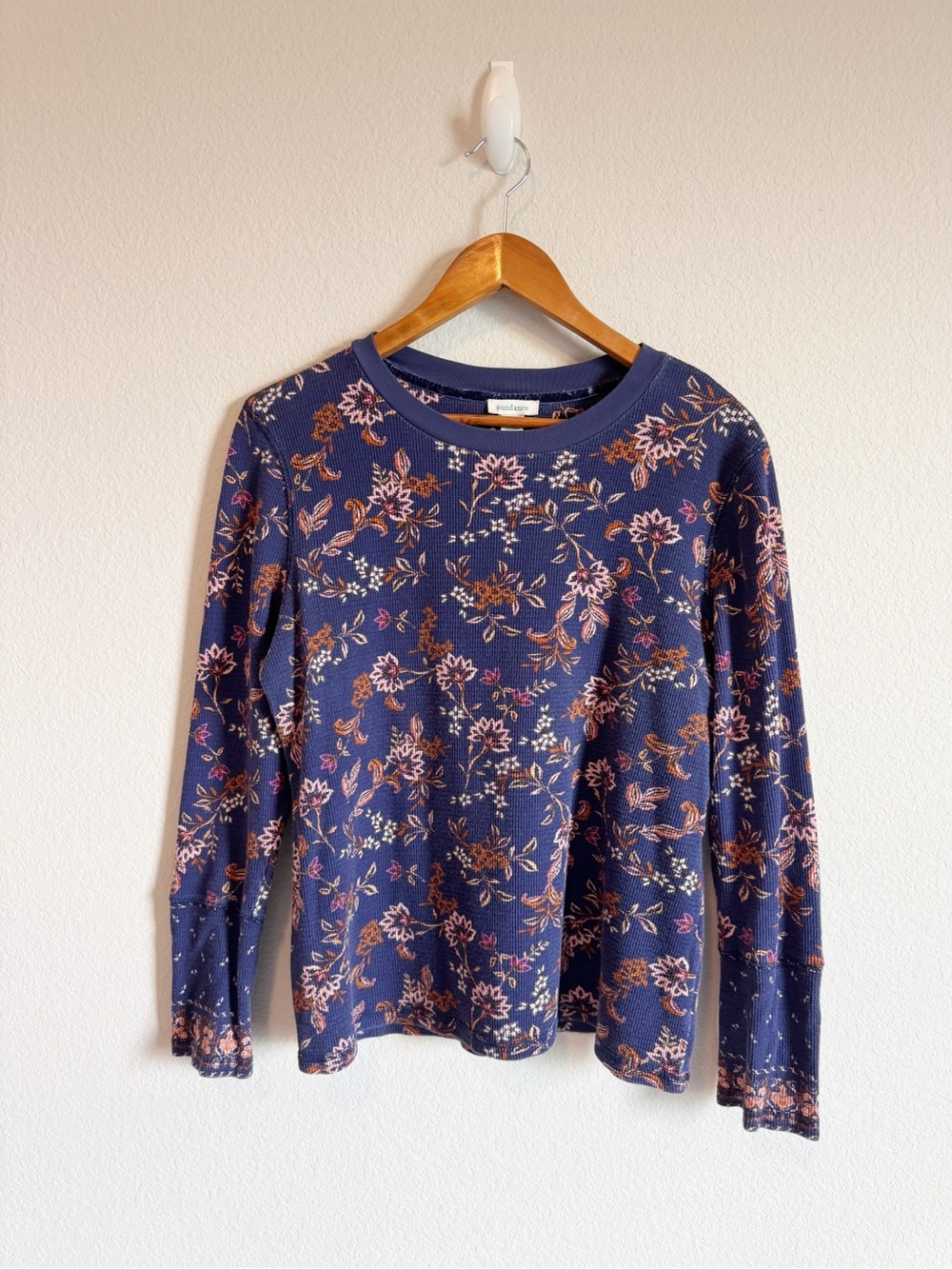 Sundance Meadowlark Blue Floral Print Thermal Velvet Button Cuff Sleeve Top XL